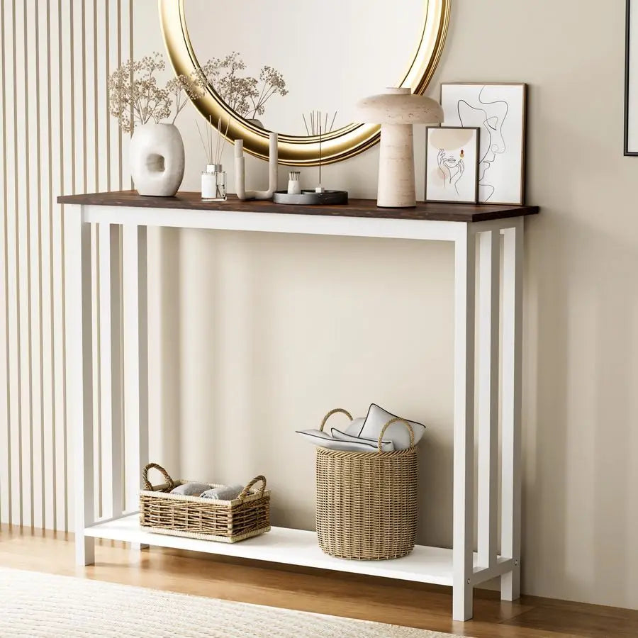Farmhouse Solid Wood Console Table With 2 Tier Storage Shelves