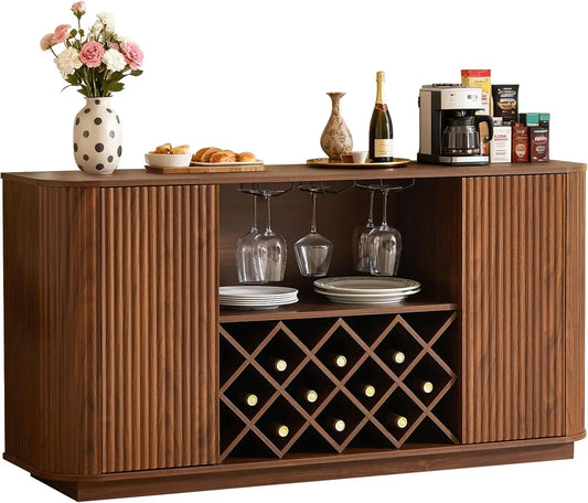 Fluted Buffet Cabinet With Storage And Wine Racks Walnut
