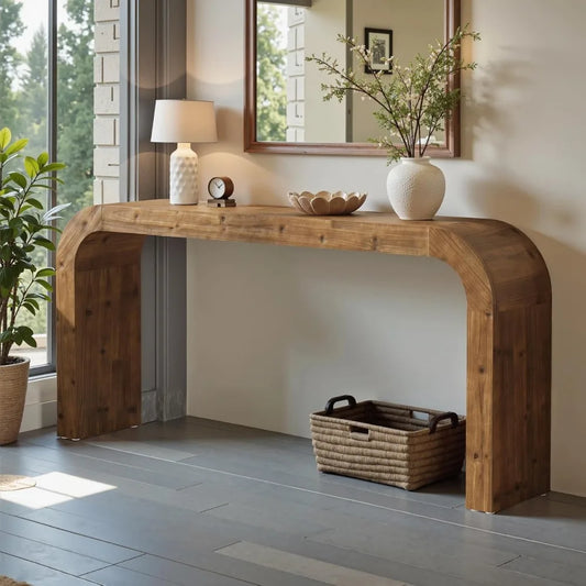 Solid Wood Console Table Farmhouse Sofa Table With Curved Corners