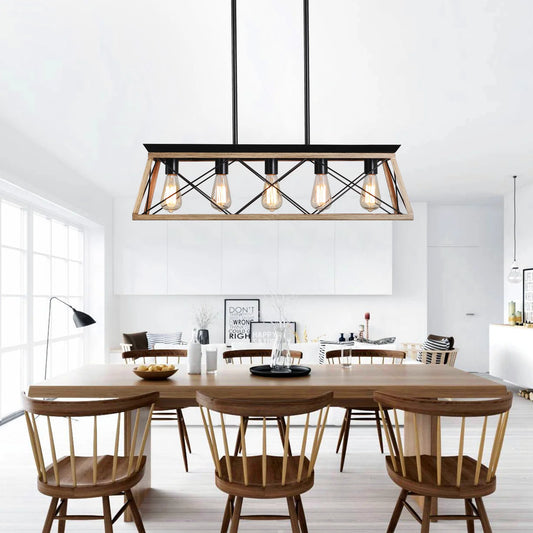 ARLGSITE Farmhouse 5 Light Pendant Chandelier For Dining Room Oak