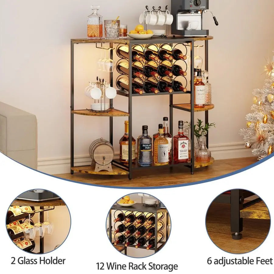 Wine Bar Cabinet With LED Lights Mini Rack Glass Holder
