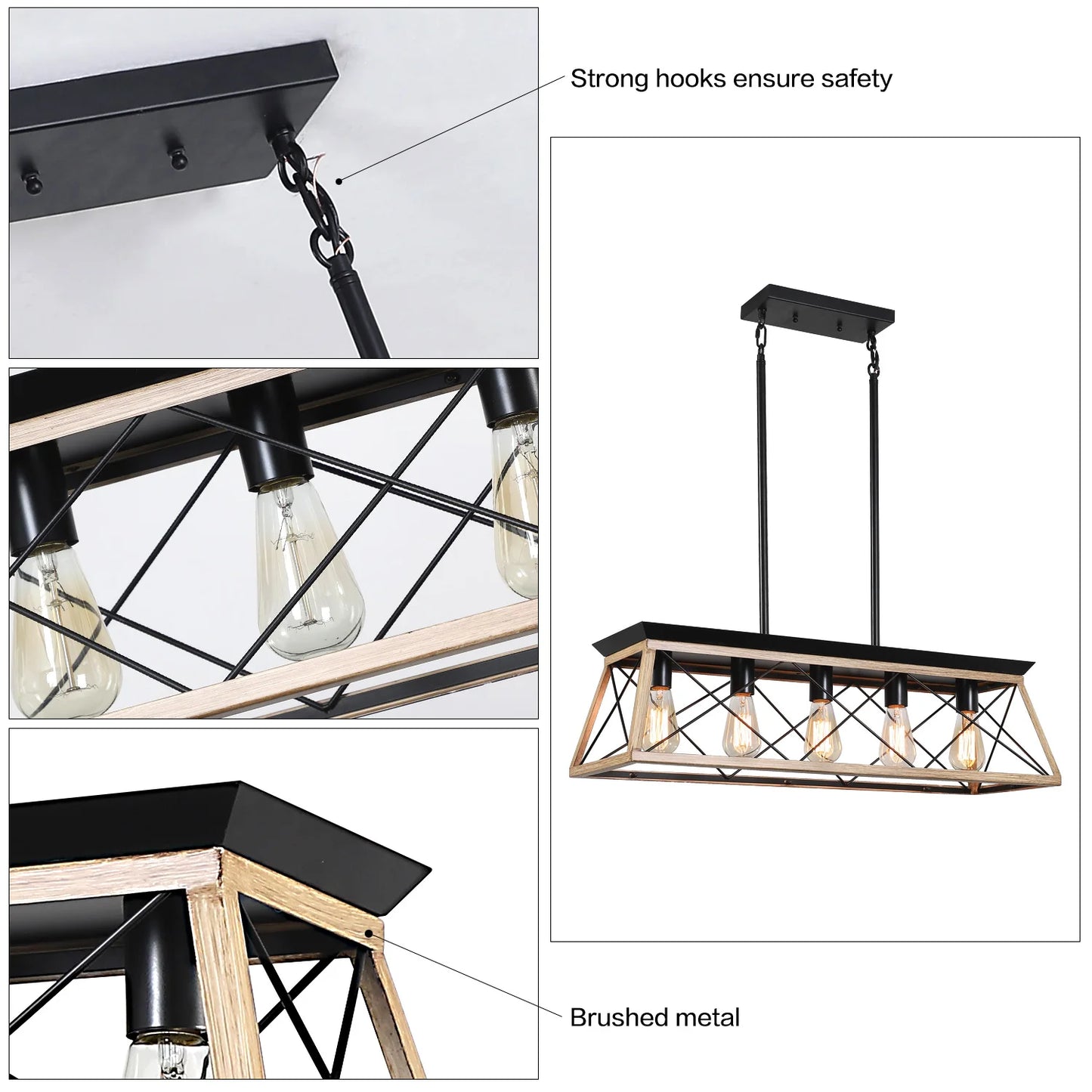 ARLGSITE Farmhouse 5 Light Pendant Chandelier For Dining Room Oak