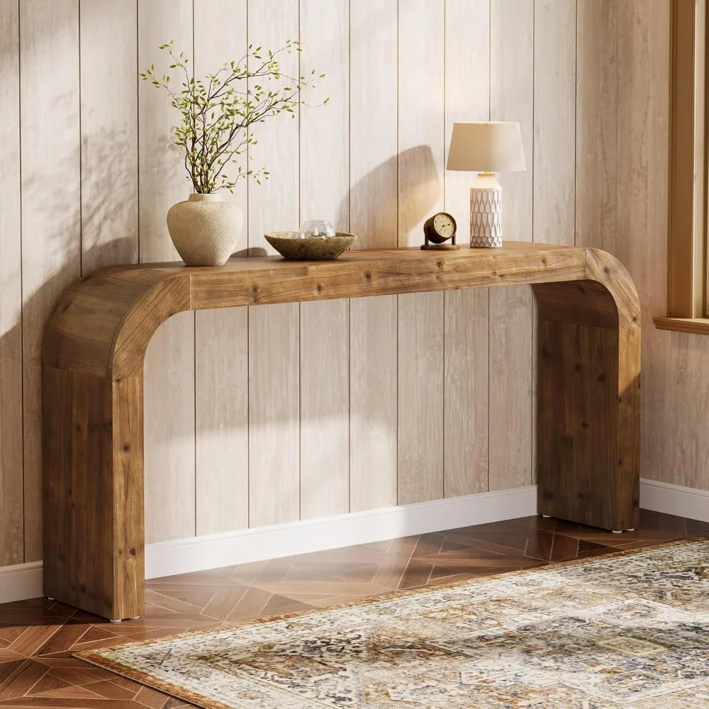 Solid Wood Console Table Farmhouse Sofa Table With Curved Corners