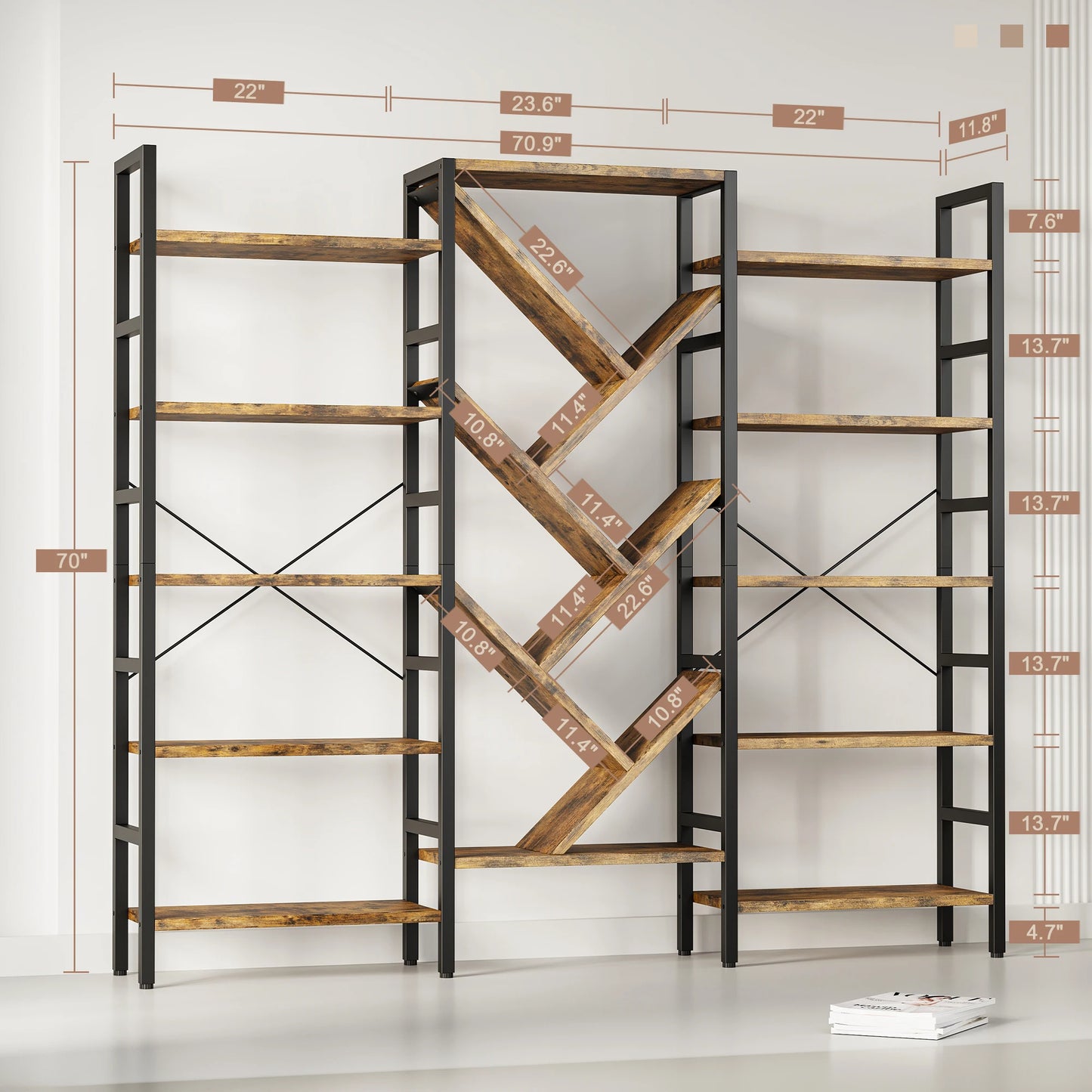 Five Tier Wooden Bookshelf With Metal Frame Modern Bookcase