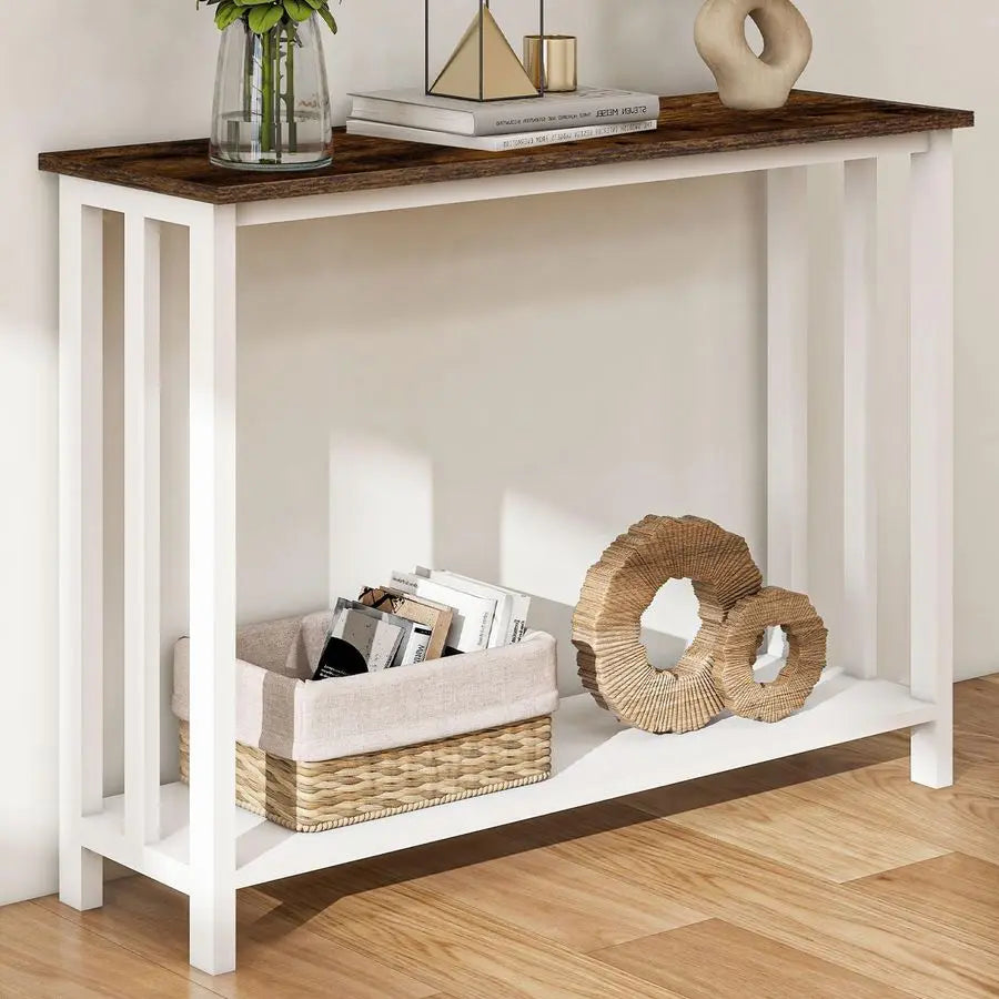 Farmhouse Solid Wood Console Table With 2 Tier Storage Shelves