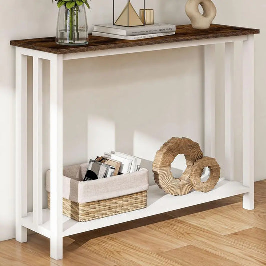 Farmhouse Solid Wood Console Table With 2 Tier Storage Shelves