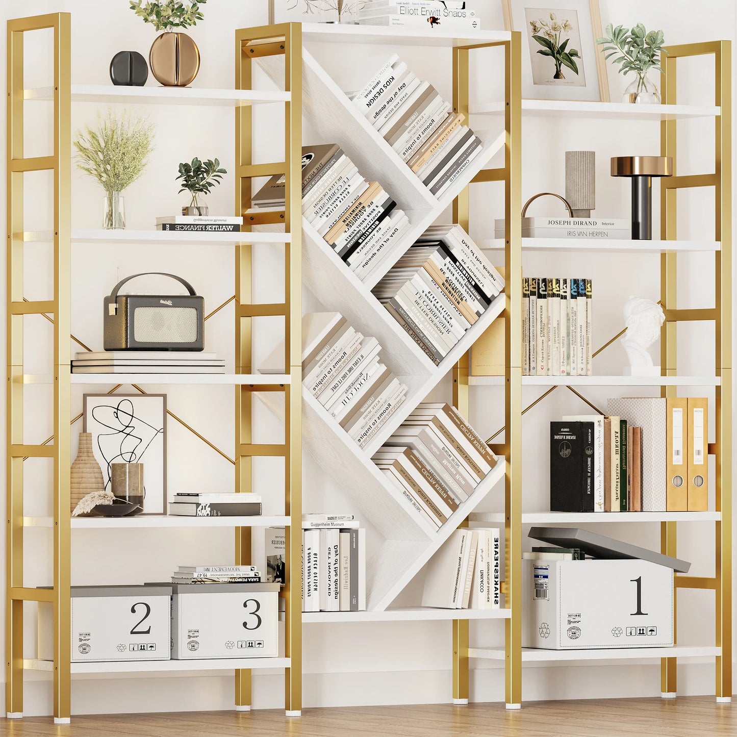Five Tier Wooden Bookshelf With Metal Frame Modern Bookcase