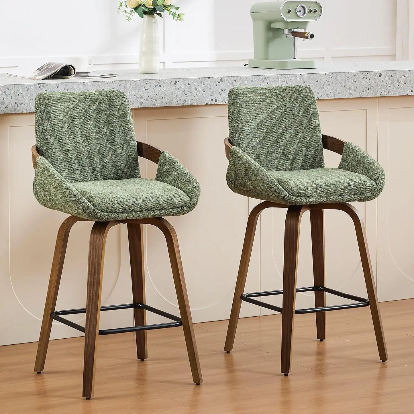 Counter Height Swivel Bar Stools Set 2 Walnut Bentwood Back