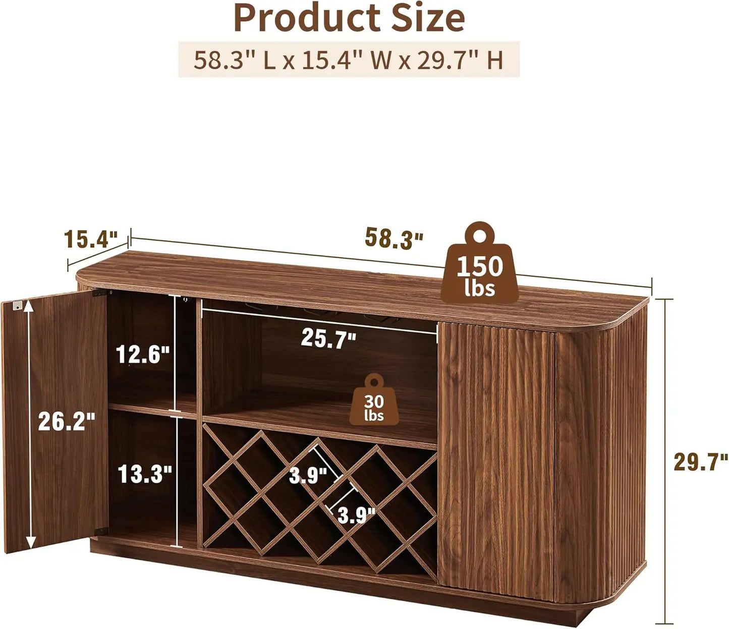 Fluted Buffet Cabinet With Storage And Wine Racks Walnut